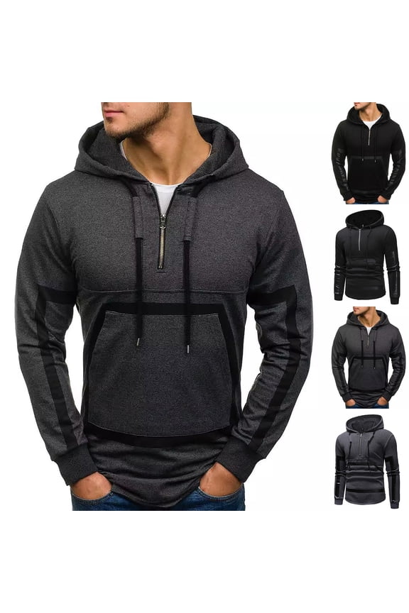 Men's Half Zip Up Hoodies Basic Solid Color Hooded Sweatshirt Holiday Sweater Tops Cotton Long Sleeve Hoodie