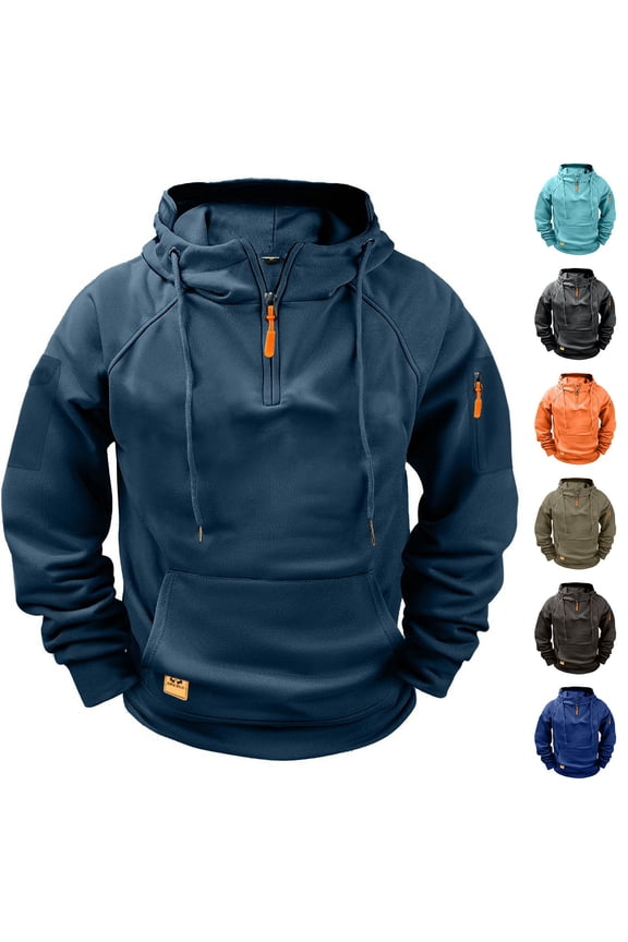 Men's Two Tone Raglan Full Zip Up Cargo Hooded Jacket Dual Chest Patch Pockets Drawstring Side Pockets Loose Work Outerwear Orange XXL
