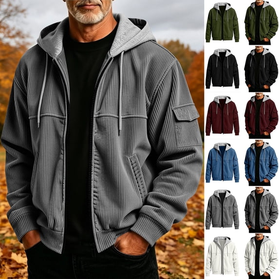 Namayuj Mens Corduroy Zip Up Hoodies Long Sleeve Cargo Pocket Drawstring Sweatshrits Loose Fall Outerwear Casual Coats White S-XXXL