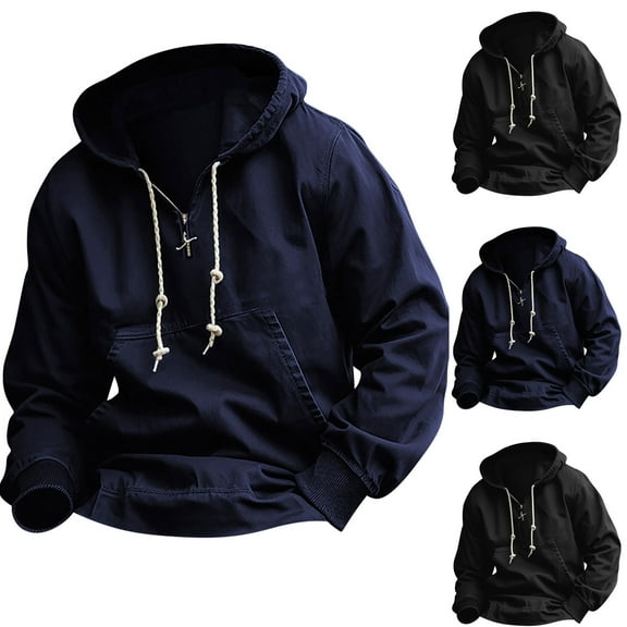 Namayuj Mens Half Zip Up Hoodies Trendy Solid Color Hooded Sweatshirt Retro Trendy Pullover Tops Work Long Sleeve Hoodie with Pcokets