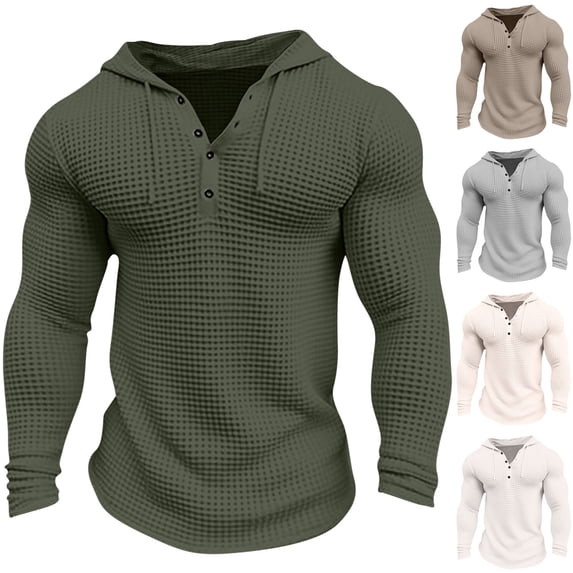 Namayuj Mens Waffle Hoodies Casual Solid Color Hooded Sweatshirt Retro Athletic Pullover Tops Cotton Long Sleeve Shirts
