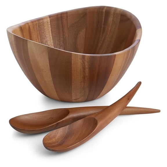 Namb 3-Piece Salad Set  12" Wood Serving Bowl with 12" Tongs  Designer Salad Bowl & Server Set for Dining, Entertaining & Kitchen Dcor  Flowing Curves & Lines