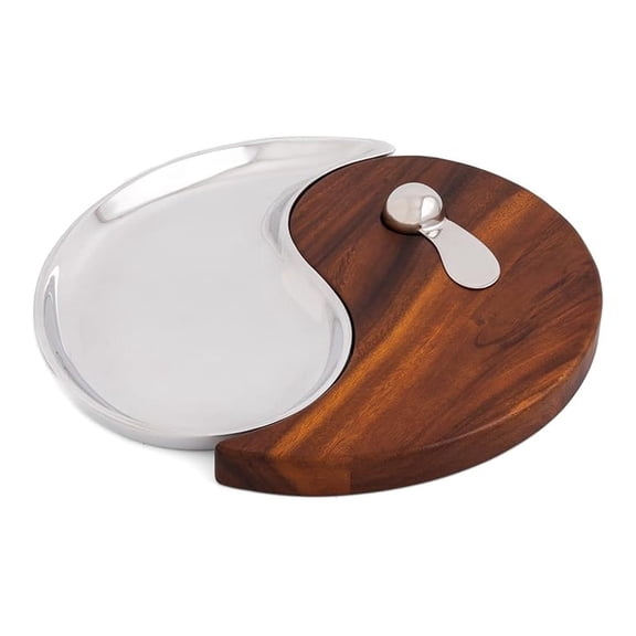 Namb Yin Yang Cheese Board with Spreader 13" Wood & Alloy Serving Board for Cheese, Charcuterie & Appetizers & Entertaining Designer Tray, Nesting Dual-Piece Set