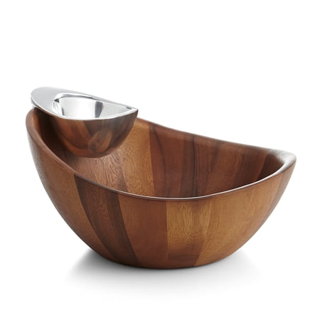 Nambe Serveware Collection Harmony Chip and Dip Bowl Measures at 12" x 65" Made with Acacia Wood and Nambe Alloy Designed by Wei Young