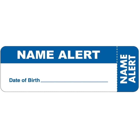Name Alert Chart Label with Date of Birth Field 3” x 1” White Blue 250 Stickers/Roll Permanent Adhesive for Patient Identity Verification