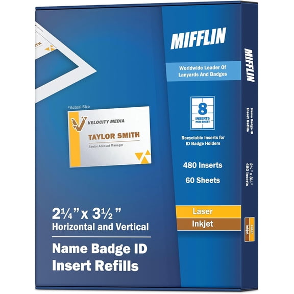 Name Badge Refills 2.25"x3.5" (480 Cards, 60 Sheets) - Printable Name Tags - Customizable Blank Name Badge Inserts for Laser & Inkjet Printers - Personalized ID Labels