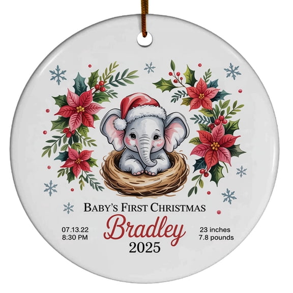 Name Birthday Info Elephant Baby's 1st Christmas Ornament Gift for New Parent Dad Mom Newborn, Elephant Baby Christmas Ornament for Baby's First 2025