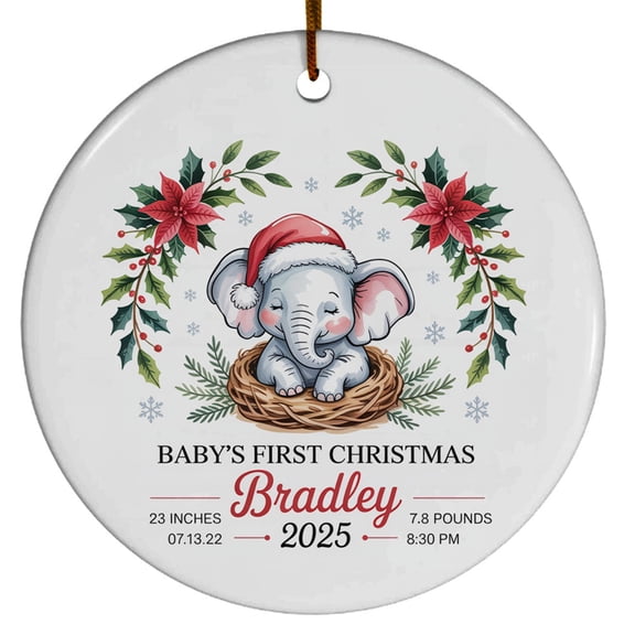 Name Birthday Info Elephant Baby's 1st Christmas Ornament Gift for New Parent Dad Mom Newborn, Elephant Baby Christmas Ornament for Baby's First 2025