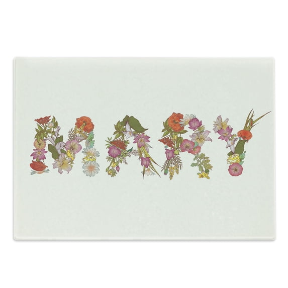 Name Cutting Board, Blossoming Flowers with Daisies Roses and Poppies Traditional Well Known Girl Name, Decorative Tempered Glass Cutting and Serving Board, in 3 Sizes, by Ambesonne