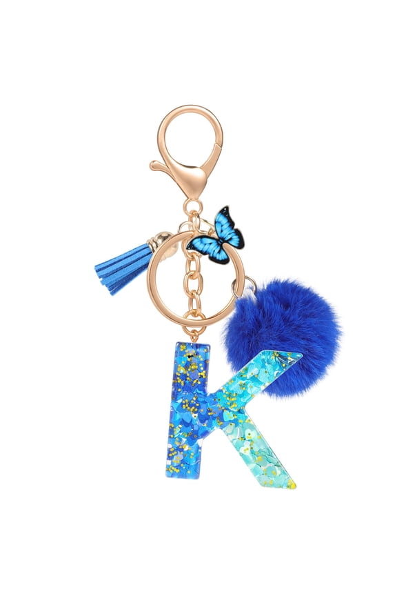 Name Initial A Keyring, Alphabet Letter A Keychain with Tassel Pom Pom, Bag Charm Ornament for Women Car Key Purse Backpack Bag