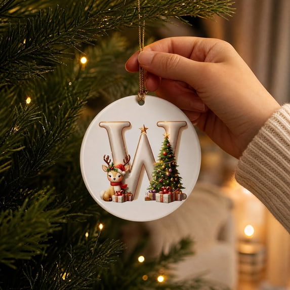 Name Ornaments for Christmas Tree, 3.15" Cute Deer Personalized Christmas Ornaments, Custom Initial Ornaments A-Z Letter Keepsake Gifts, 2D Acrylic Xmas Tree Decorations