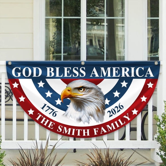 Name Patriotic Eagle God Bless America Flag, Semiquincentennial Non-Pleated Fan Flag, Personalized Patriot Semi Circle Flag