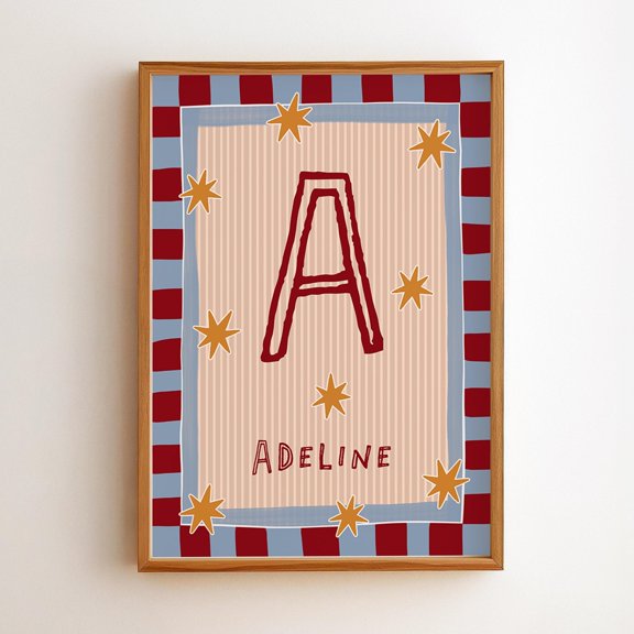 Name Poster, Blue Maroon Retro Nursery Wall Art, Child Name Poster, Vintage Playroom Decor , Poster Print Only