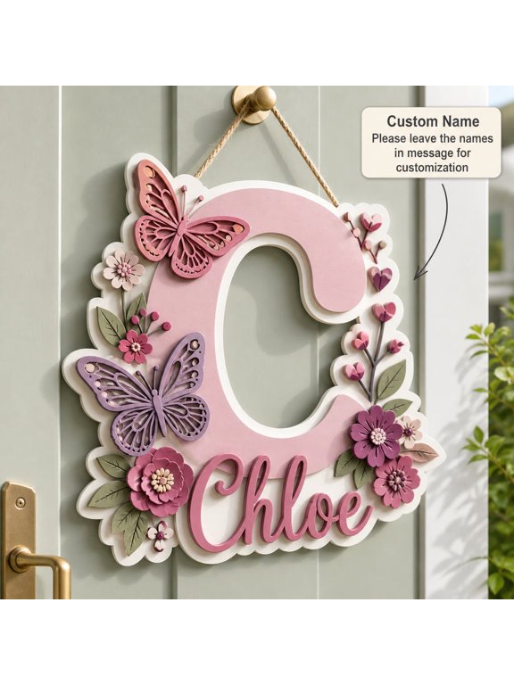 Name Sign Personalized Floral Initial Wooden Wall Decor Room Accent