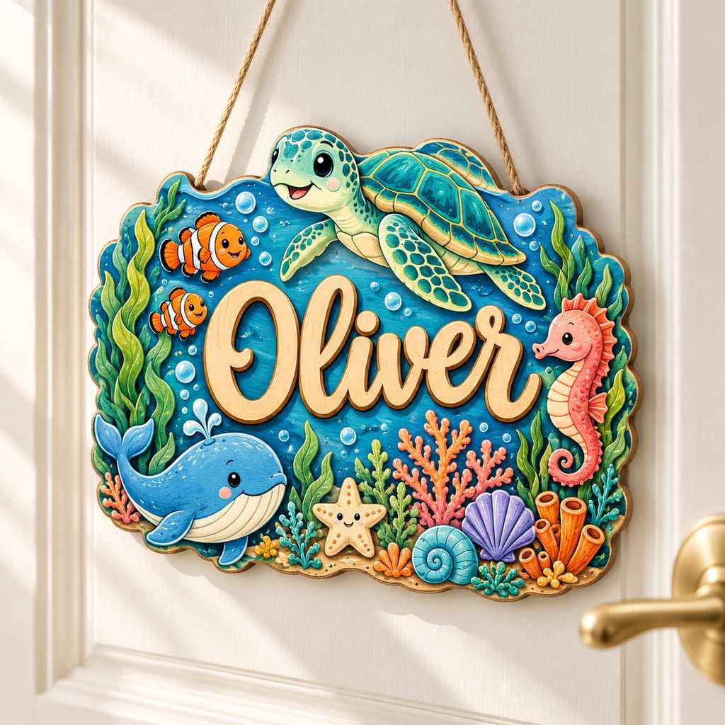 Name Sign, Personalized Ocean Sea Animal Design, Coastal Door Hanger ...