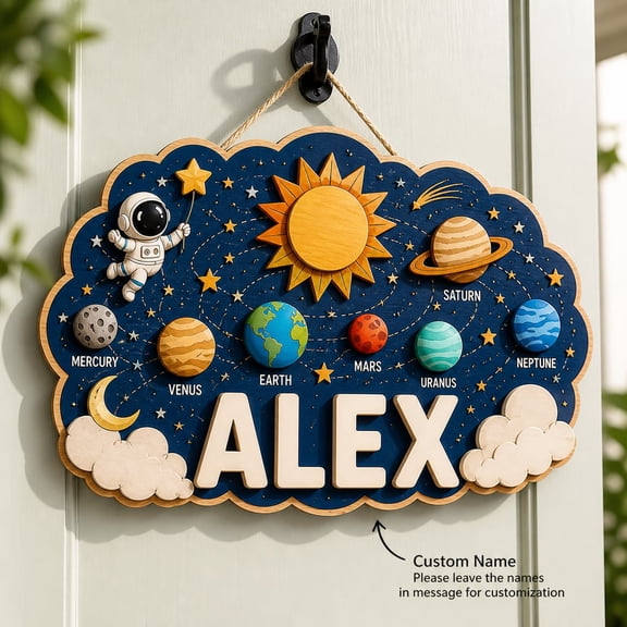 Name Sign Personalized Solar System Wooden Wall Decor for Space Room