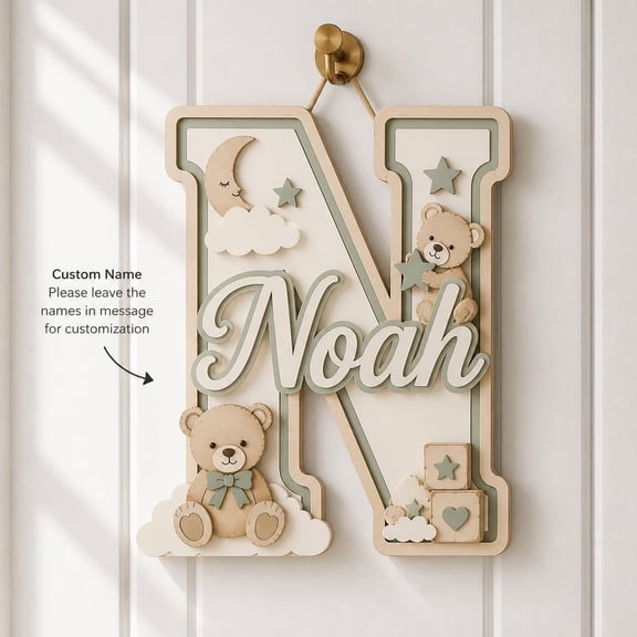Name Sign Personalized Teddy Bear Initial Wooden Wall Decor Nursery