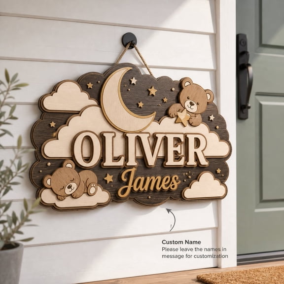 Name Sign Personalized Teddy Bear Moon Cloud Wooden Bedroom Wall Decor