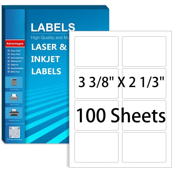 Name Tag Stickers- 3 3/8" X 2 1/3" Blank Labels, Printable Sticker Paper for Inkjet Printer, Adhesive Sticker Labels, Return Address Mailing Labels for Envelopes- 100 Sheets, 800 Labels