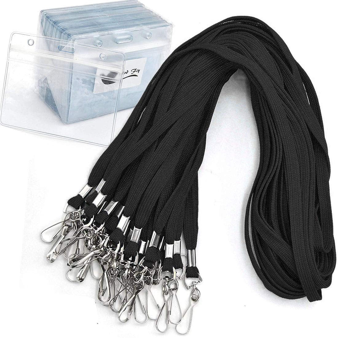 Name Tags Lanyard Badge Holder Pairs (set Of 50  Black): Woven Round & Horizontal Sealable Waterproof Clear Plastic Id Card