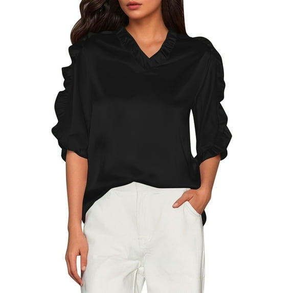 Name Women's Summer Solid Color Short Sleeve Ruffle Collar V Neck Blouse