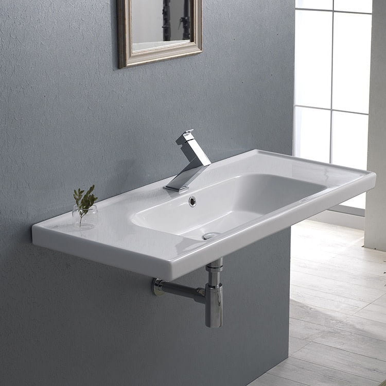 Glossy White Ceramic Rectangular Wall-Mount Bathroom Sink