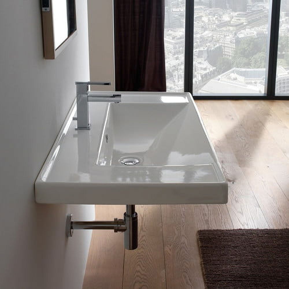 Glossy White Ceramic Rectangular Wall Mounted Bathroom Sink with Overflow