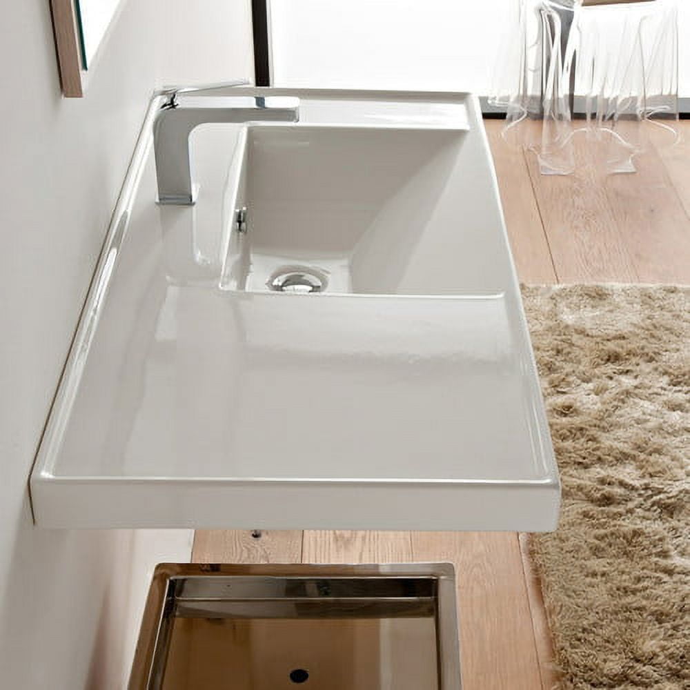 Glossy White Ceramic Rectangular Wall-Mount Bathroom Sink