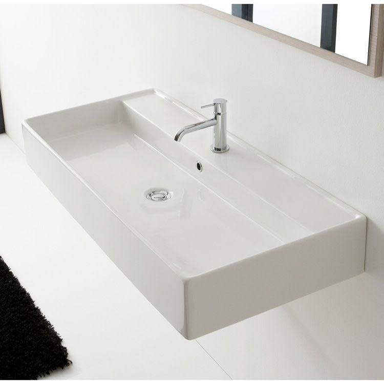 Teorema White Ceramic Double Faucet Wall-Mount Vessel Sink
