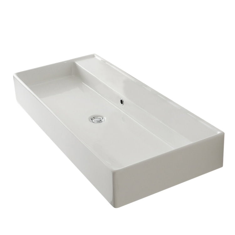Teorema White Ceramic Double Faucet Wall-Mount Vessel Sink