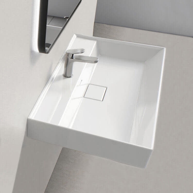 Sharp Rectangular White Ceramic Wall-Mounted Sink with Overflow