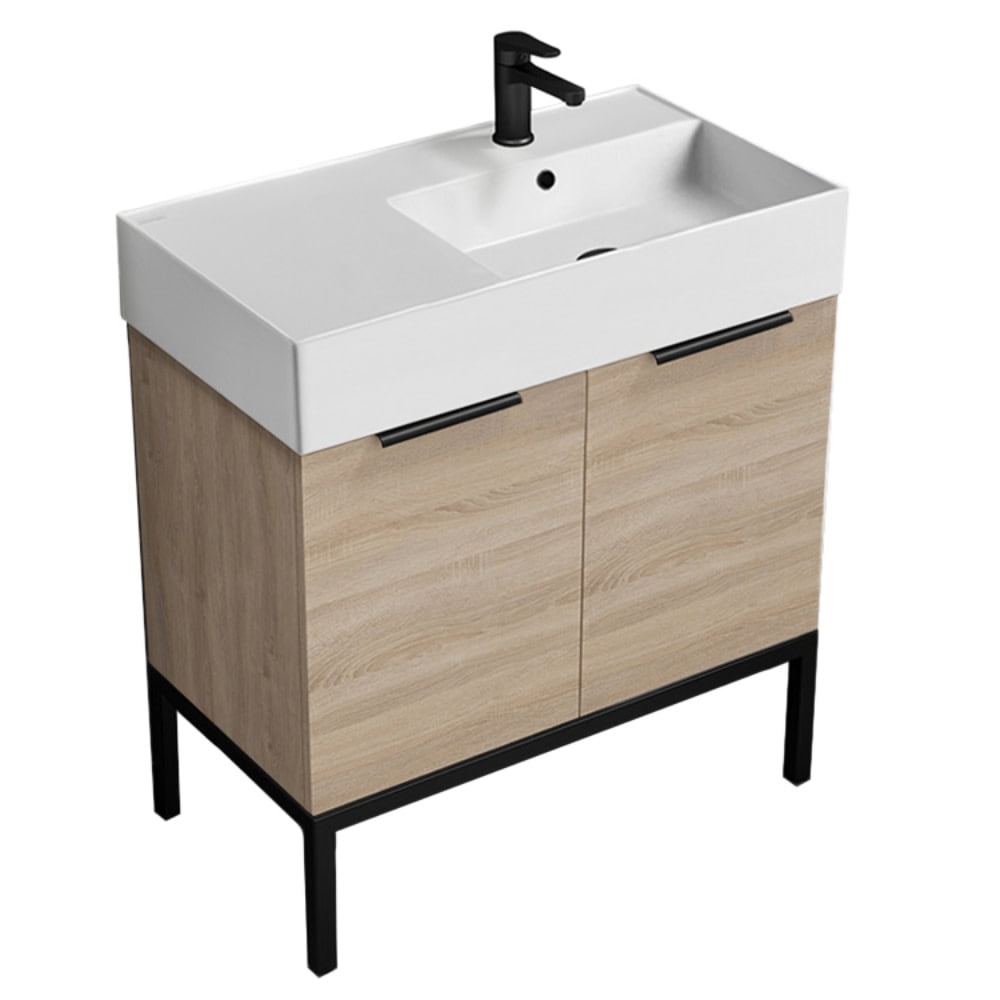 Derin 32" Brown Oak and White Ceramic Freestanding Bathroom Vanity