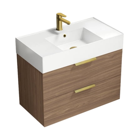 Nameeks Derin-3217-W Derin 32" Wall Mounted Single Basin Vanity Set - Walnut / Matte Gold