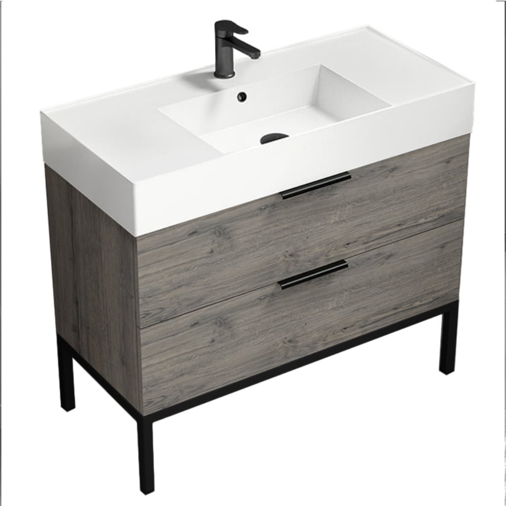 Derin 40" Grey Oak and Black Freestanding Single Basin Vanity Set