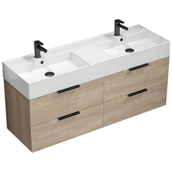 Nameeks Derin-5618-W-2 Derin 54" Wall Mounted Double Basin Vanity Set - Brown Oak