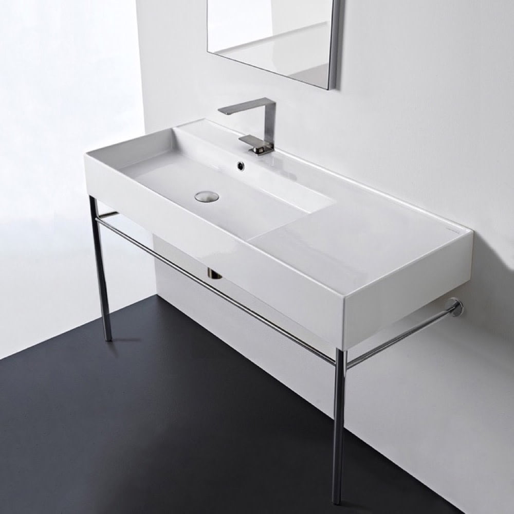 White Ceramic Rectangular Console Sink with Chrome Stand