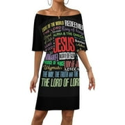 LINGTAIN Names of God Lord Jesus Christ - Bible Verse Women's Off The Shoulder Ruffles Summer Wedding Guest Loose Casual Party Beach Dress