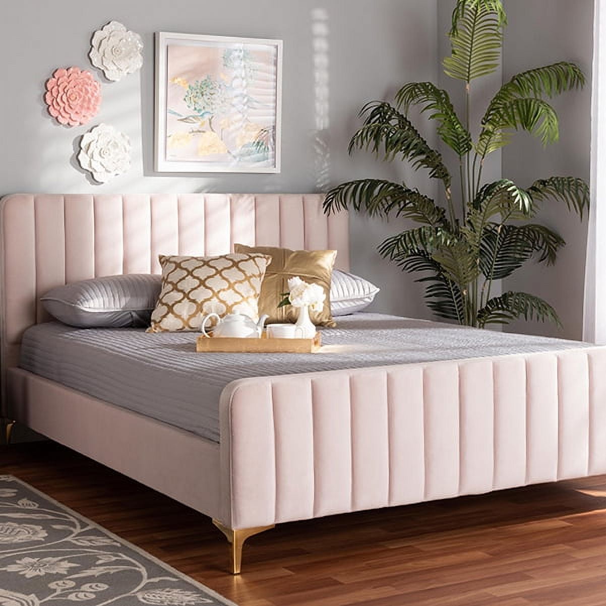 Luxurious Nami King-Sized Velvet Upholstered Bed with Gold Metal Legs