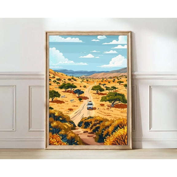 Namibia Safari Roadtrip Van Illustration Desert Travel Wall Art, Unframed Canvas Size 12x18
