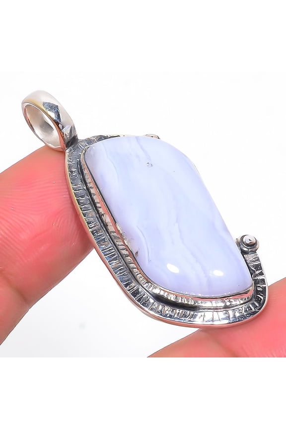 Namibian Blue Lace Agate Vintage Style Silver Handmade Pendant 1.77" T53