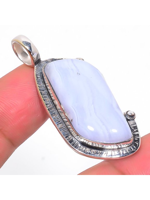 Namibian Blue Lace Agate Vintage Style Silver Handmade Pendant 1.77" T53