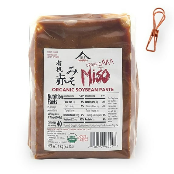 Namikura Aka Red Miso Aged 6 Months Organic Soybean Paste 2.2 lb /1kg with Vintage Design Metallic Bag Clip (2-Pc Set)