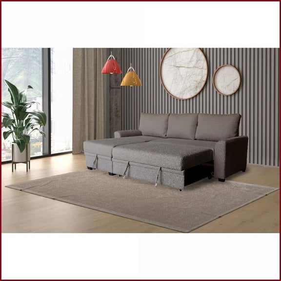 Namir 90.5W Brown Flannel Sleeper Sectional with Left-Facing Storage Chaise | Brown | Fabric | Square Arms