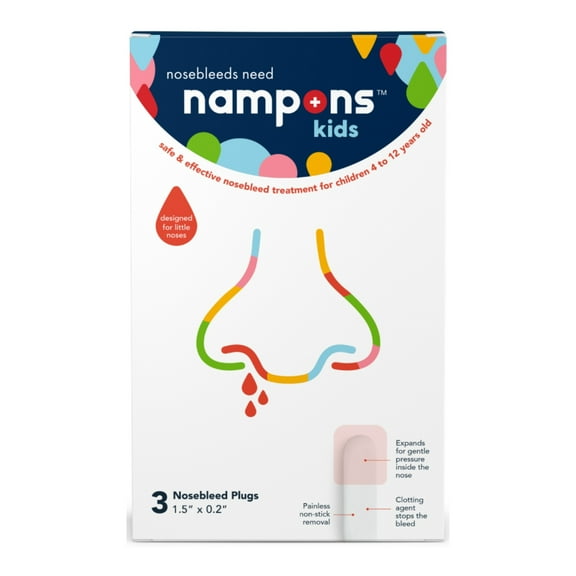 Nampons Kids Nosebleed Stoppers, Nasal Plugs with Clotting Agent, First Aid Kit, 3 Count