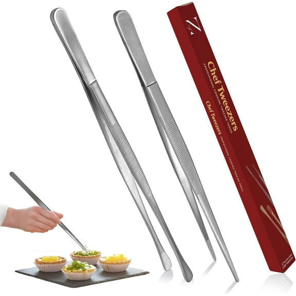 Namre' Tweezer Tongs for Cooking -Plating Tweezers - 2 Pack Stainless Steel Cooking Tongs - Thin Chopstick Tongs - Precise & Strong Chef Tweezers for Food & Small Objects - 12 Inch - (Silver)