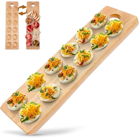 Namre' Wooden Deviled Egg Tray and Platter 12 Holes - Reversible Deviled Egg Platter & Charcuterie Board -  Ideal for Picnics and Parties - Cutting Board Serving Tray with Recipes