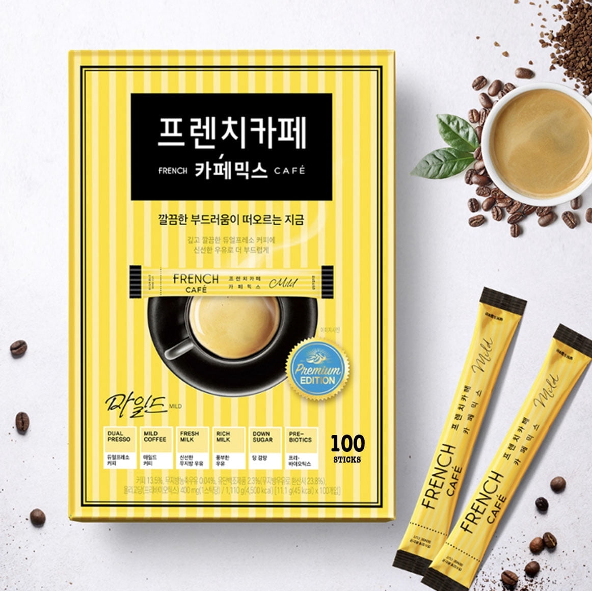 Korean Instant Coffee Mix Sticks (100/200) - French Cafe Style, No Trans Fat, Free Shipping