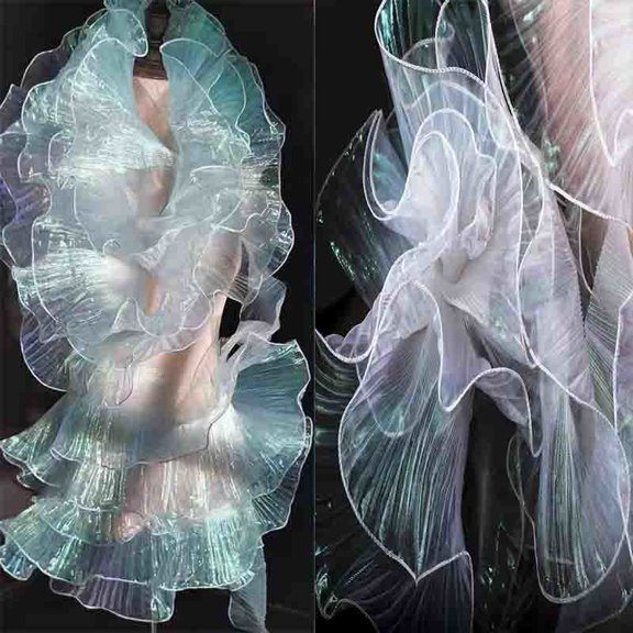 Namzi 1 Piece 19.7*5.9 Inch Magic Color Wave Patterned Fabric,Pleated Organza Fabric for DIY Craft Sewing Projects,Stage Costumes,Headwear Accessories,White