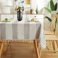 thumbnail image 1 of Namzi 1 Piece Farmhouse Tablecloth 140*180cm Cotton Linen Tassel Tablecloth, Embroidery Stripe Design, Textured Dining Cover for Kitchen & Parties,Grey, 1 of 5
