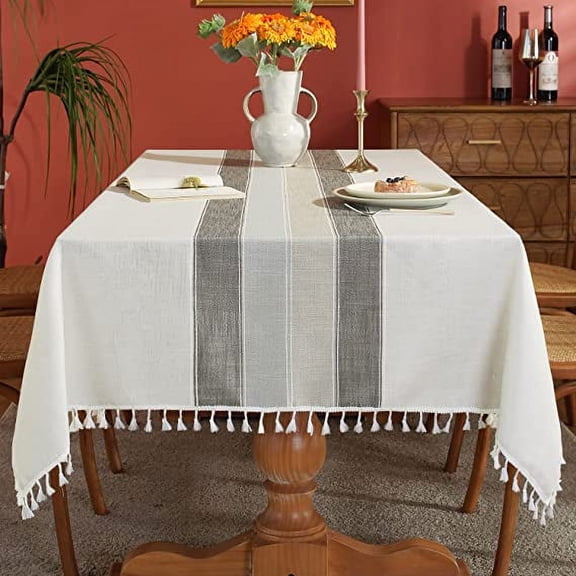 Namzi 1 Piece Grey Cotton Linen Table Cover 140x220cm Washable Kitchen Dining Tablecloth, Striped Farmhouse Style Square Table Linen for Everyday Use